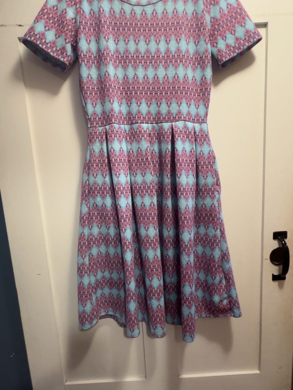 LuLaRoe Short Sleeve Fit-and-Flare Dress in Pink and Light Blue Diamond Print